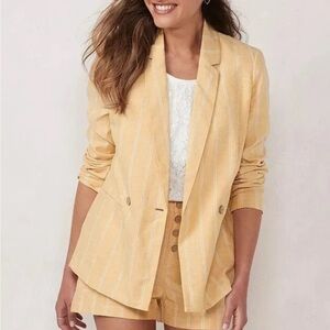 LC Lauren Conrad Women L Yellow Striped Linen Blend Double Breasted Blazer